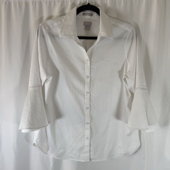 Chico's Button Down Shirt Women's Small 6 White Bell Sleeve 3/4 Sleeve Collared - Picture 1 of 10